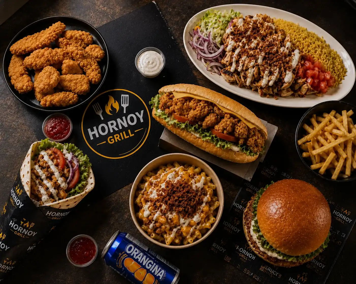 Plats du restaurant Hornoy Grill à Hornoy-le-Bourg : tenders, kebab, assiette composée, burger, frites et bowl autour du logo